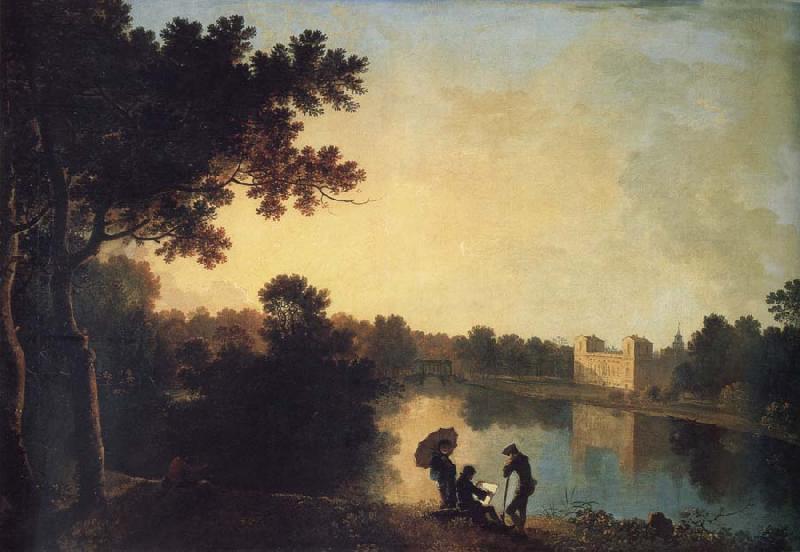 Richard  Wilson View from the South-east with the house and bridge beyond the lake and basin France oil painting art
